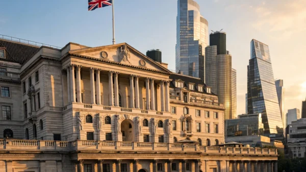 The Bank of England facade with the Union Jack flying, backed by City of London skyscrapers at golden hour