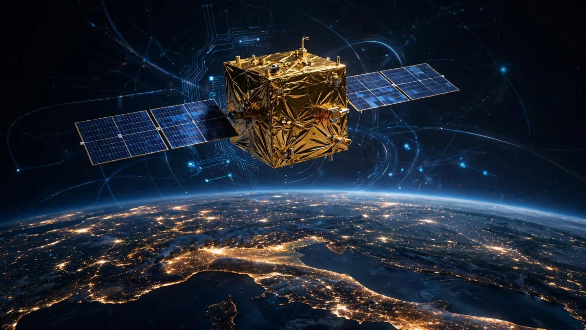 Illustration of a small gold-foil satellite with solar panels in orbit above Earth's night side, with glowing city lights and circuit patterns representing onboard AI computing