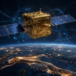 Illustration of a small gold-foil satellite with solar panels in orbit above Earth's night side, with glowing city lights and circuit patterns representing onboard AI computing