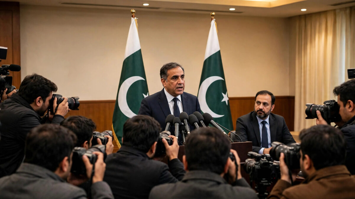Federal minister addressing a press conference in Islamabad with Pakistani flags behind the podium