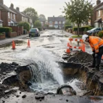 Burst water main flooding a Surrey suburban street as a Thames Water engineer works beside the excavated trench