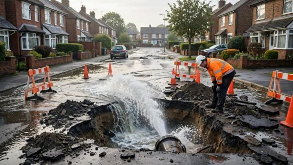 Burst water main flooding a Surrey suburban street as a Thames Water engineer works beside the excavated trench