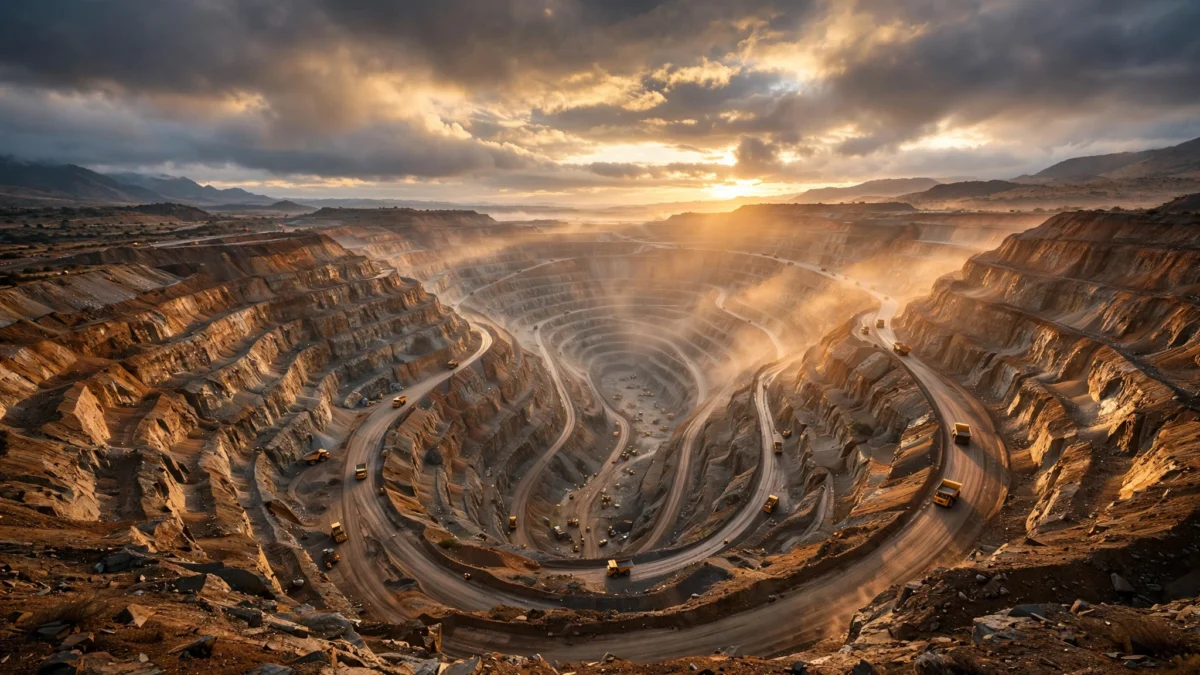 Aerial view of a vast open-pit gold mine at dawn, with terraced walls spiraling deep into the earth and haul trucks on winding roads