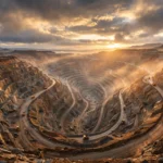 Aerial view of a vast open-pit gold mine at dawn, with terraced walls spiraling deep into the earth and haul trucks on winding roads