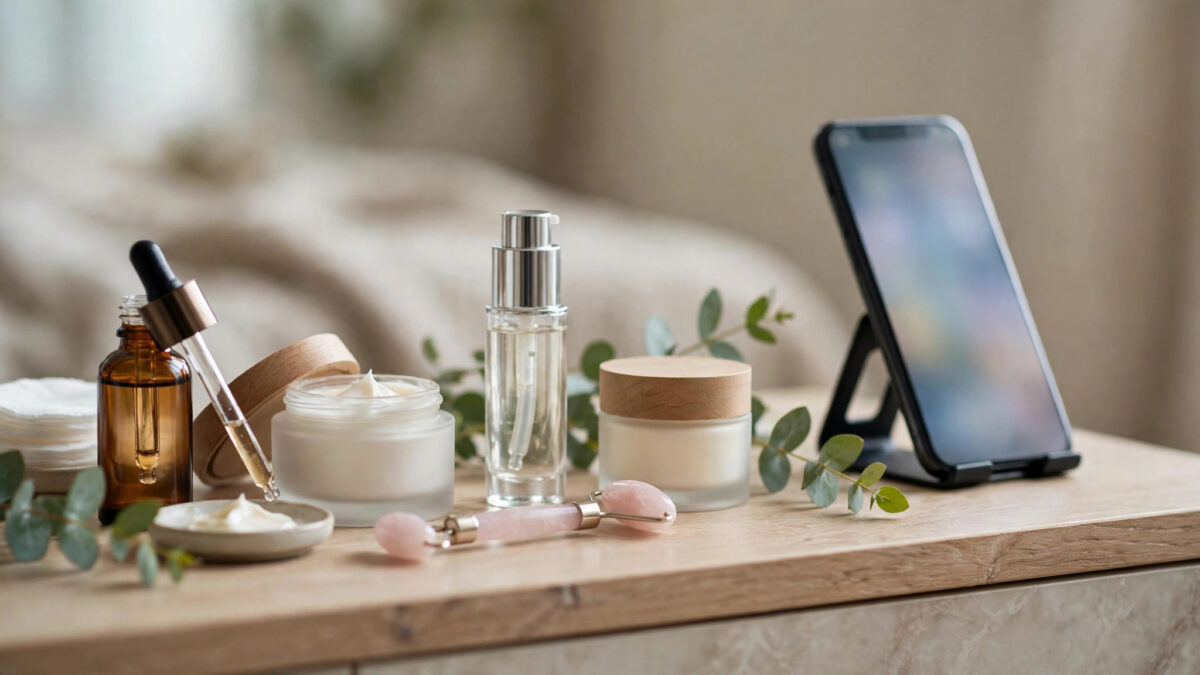 Skincare serums, creams and bottles arranged on a vanity beside a smartphone