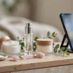 Skincare serums, creams and bottles arranged on a vanity beside a smartphone