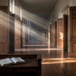 An empty American university corridor at dawn, classroom doors standing open, an open law book on a desk — an editorial image for a column on the rewriting of Title IX.