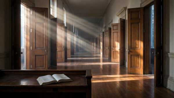 An empty American university corridor at dawn, classroom doors standing open, an open law book on a desk — an editorial image for a column on the rewriting of Title IX.