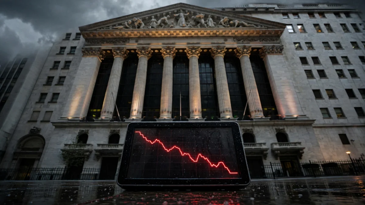 New York Stock Exchange under a dark sky with a screen showing a falling red stock chart, symbolising Monday's market selloff