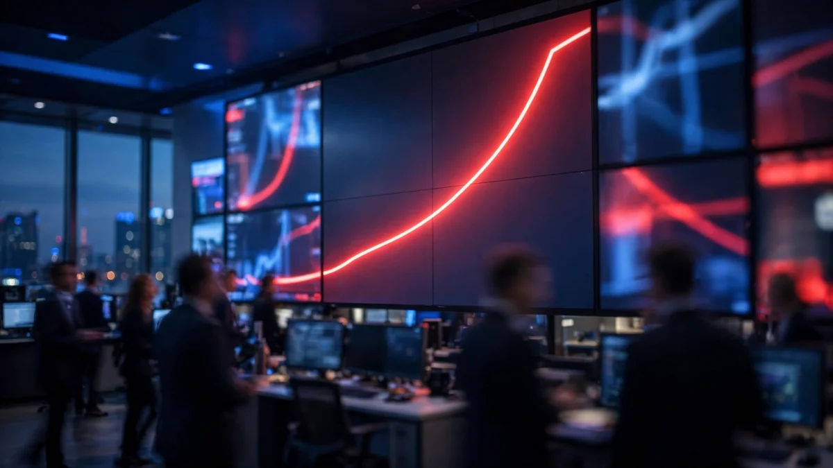 Trading floor with glowing market screens showing a rising red yield curve as US Treasury yields hit multi-decade highs