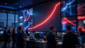 Trading floor with glowing market screens showing a rising red yield curve as US Treasury yields hit multi-decade highs