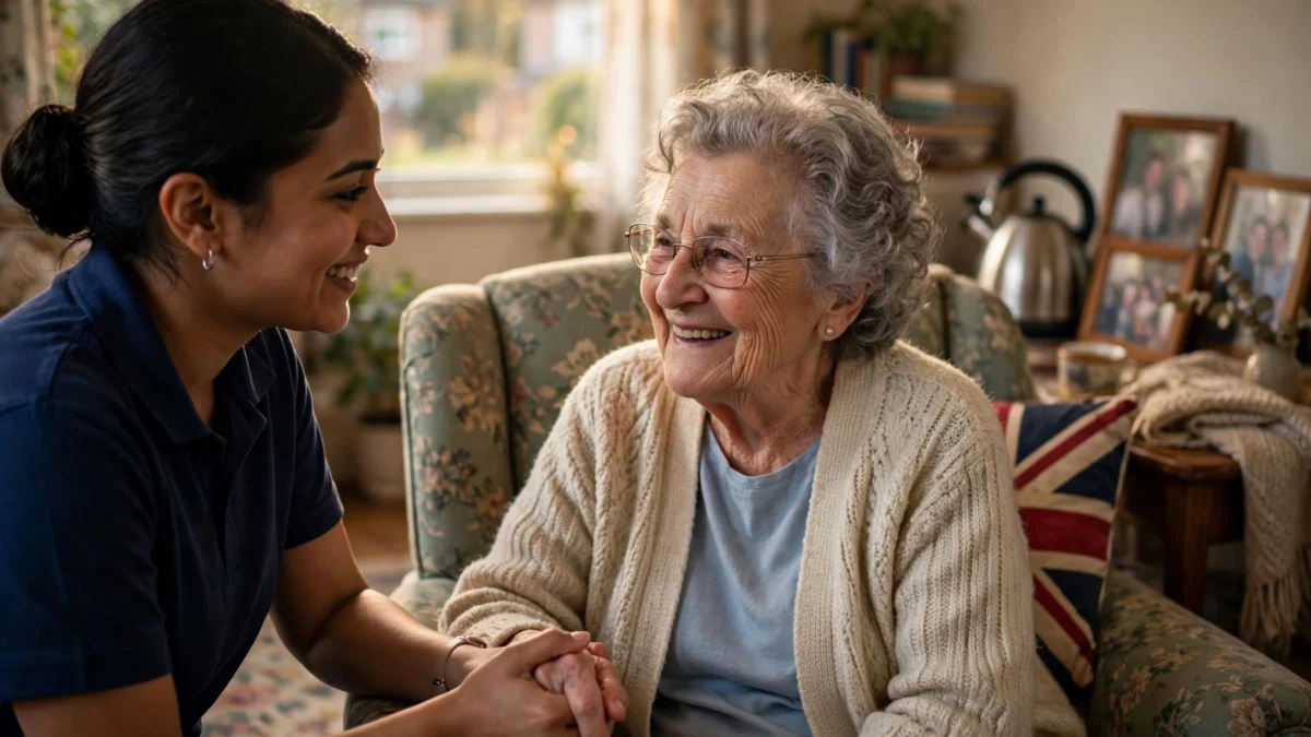 A care worker holding the hand of a smiling elderly woman in her living room at home