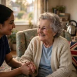 A care worker holding the hand of a smiling elderly woman in her living room at home