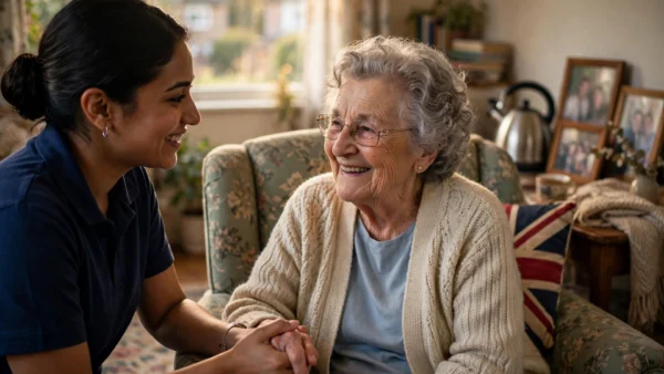 A care worker holding the hand of a smiling elderly woman in her living room at home