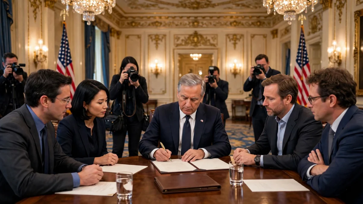 President Donald Trump signing the White House Accord on Super Intelligence at a table with tech executives in the East Room, US flags behind