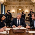 President Donald Trump signing the White House Accord on Super Intelligence at a table with tech executives in the East Room, US flags behind