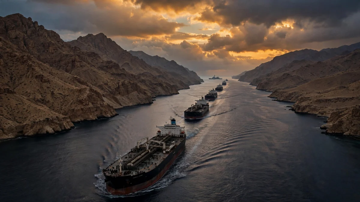 Oil tankers moving through the Strait of Hormuz at dusk with a naval warship on the horizon