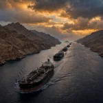 Oil tankers moving through the Strait of Hormuz at dusk with a naval warship on the horizon