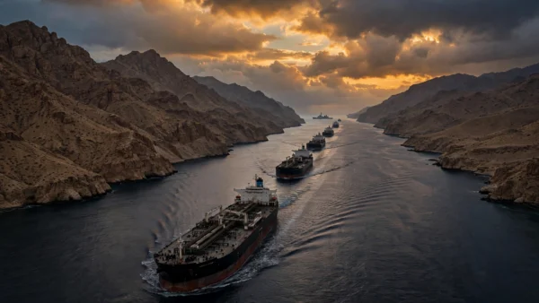 Oil tankers moving through the Strait of Hormuz at dusk with a naval warship on the horizon
