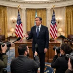 US president addressing reporters in the White House Oval Office with American flags behind him.