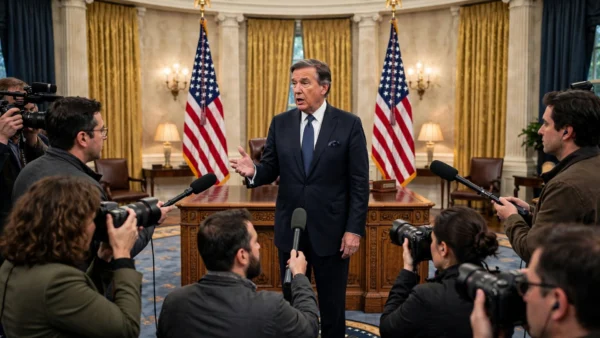 US president addressing reporters in the White House Oval Office with American flags behind him.