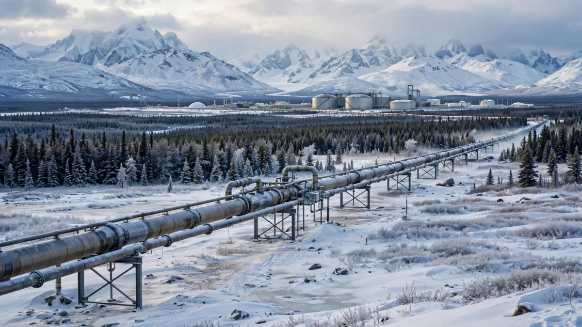 A natural gas pipeline crossing a snowy Alaskan landscape with snow-capped mountains and an LNG facility on the horizon.