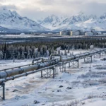 A natural gas pipeline crossing a snowy Alaskan landscape with snow-capped mountains and an LNG facility on the horizon.