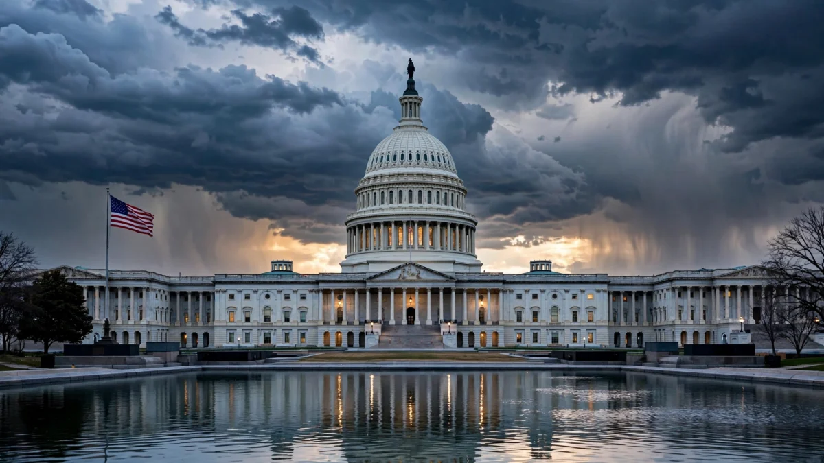 US Capitol at dusk under storm clouds, symbolising the federal spending standoff between President Trump and Congress.