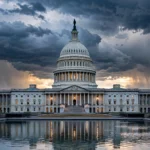 US Capitol at dusk under storm clouds, symbolising the federal spending standoff between President Trump and Congress.