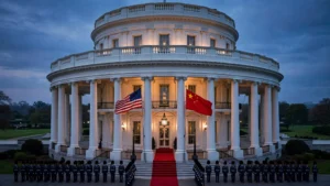 The White House South Portico at dusk with American and Chinese flags flying side by side during the Trump–Xi state visit