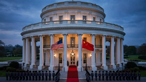 The White House South Portico at dusk with American and Chinese flags flying side by side during the Trump–Xi state visit