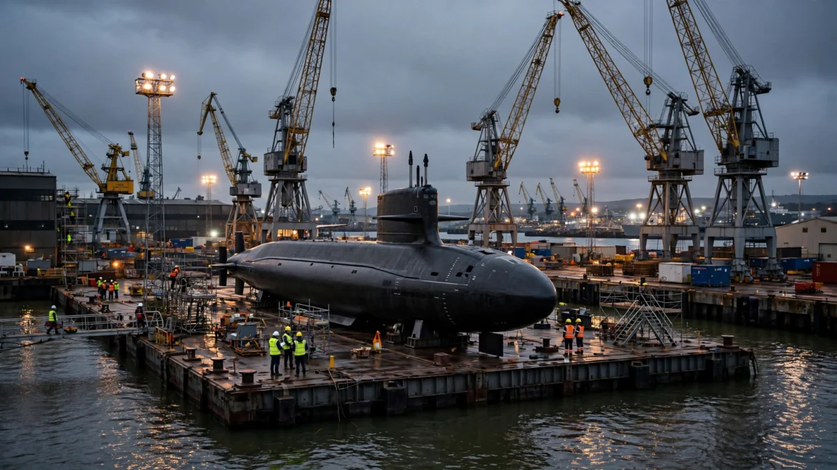 A nuclear submarine on a floating dock at a British naval shipyard at dusk, with dockyard cranes and workers in hi-vis vests.