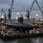 A nuclear submarine on a floating dock at a British naval shipyard at dusk, with dockyard cranes and workers in hi-vis vests.