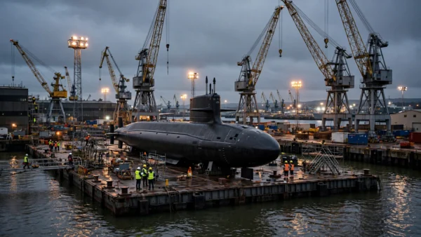 A nuclear submarine on a floating dock at a British naval shipyard at dusk, with dockyard cranes and workers in hi-vis vests.