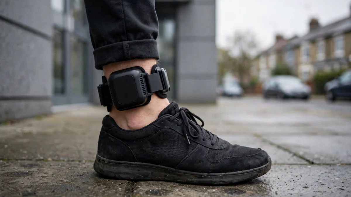 An electronic monitoring ankle tag strapped around an offender's ankle outside a probation office in the UK