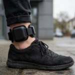 An electronic monitoring ankle tag strapped around an offender's ankle outside a probation office in the UK