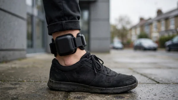 An electronic monitoring ankle tag strapped around an offender's ankle outside a probation office in the UK