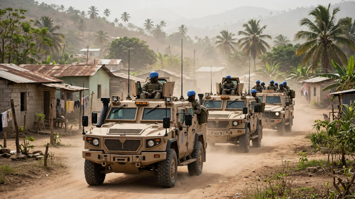 UN Gang Suppression Force armoured convoy patrolling a rural street in Haiti