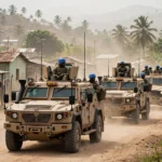 UN Gang Suppression Force armoured convoy patrolling a rural street in Haiti