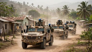 UN Gang Suppression Force armoured convoy patrolling a rural street in Haiti