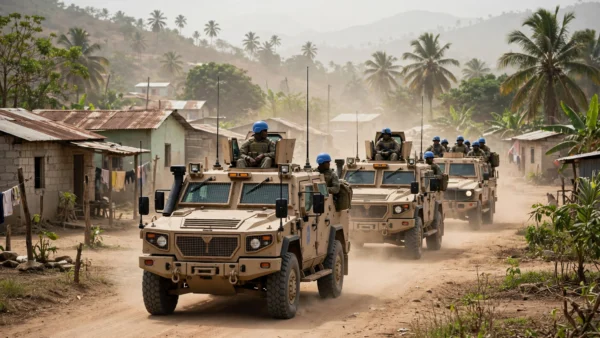 UN Gang Suppression Force armoured convoy patrolling a rural street in Haiti