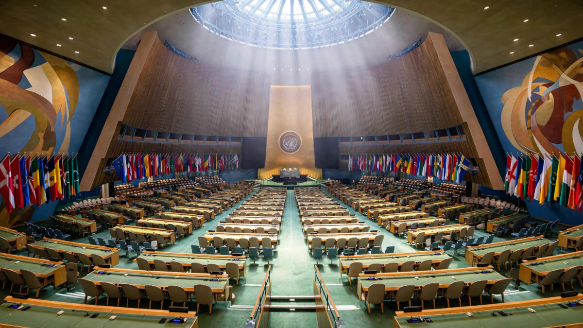 The United Nations General Assembly hall during a session