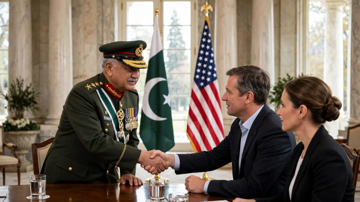 Field Marshal Syed Asim Munir in ceremonial uniform shaking hands with members of the US Afghanistan War Commission delegation, with Pakistan and United States flags in the background.