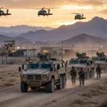 US military armored convoy departing a desert base in northern Iraq at dusk as American forces prepare to exit the country