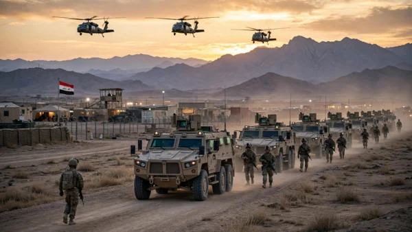 US military armored convoy departing a desert base in northern Iraq at dusk as American forces prepare to exit the country