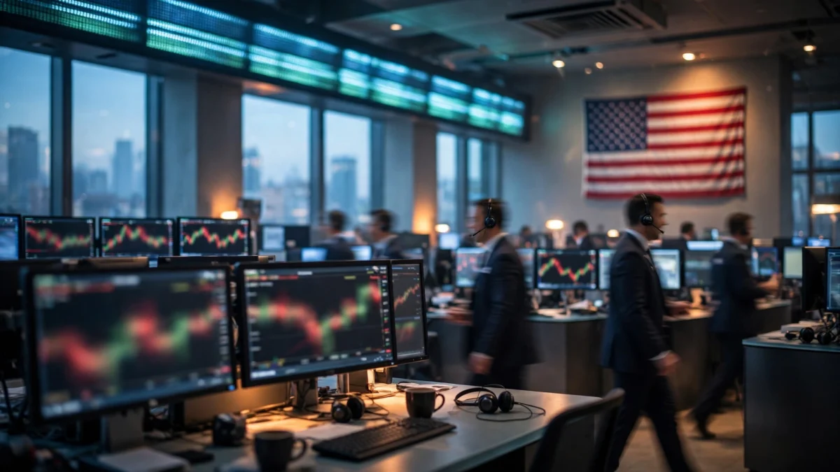 Traders on a Wall Street trading floor lined with glowing market monitors and an American flag as investors await a key US inflation report.