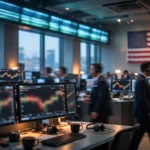 Traders on a Wall Street trading floor lined with glowing market monitors and an American flag as investors await a key US inflation report.