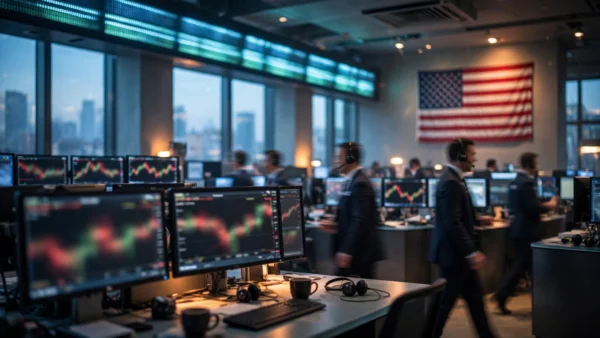 Traders on a Wall Street trading floor lined with glowing market monitors and an American flag as investors await a key US inflation report.