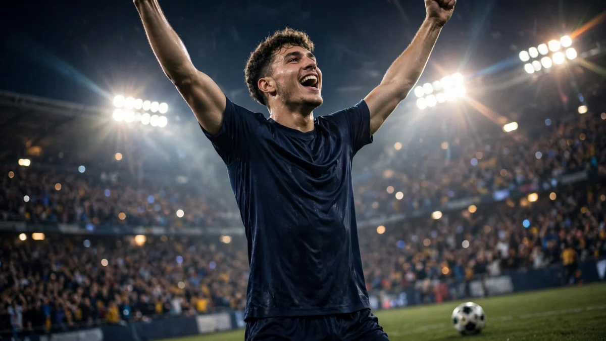 A young US men's national team player celebrating a goal under night stadium lights at Energizer Park in St. Louis