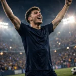 A young US men's national team player celebrating a goal under night stadium lights at Energizer Park in St. Louis